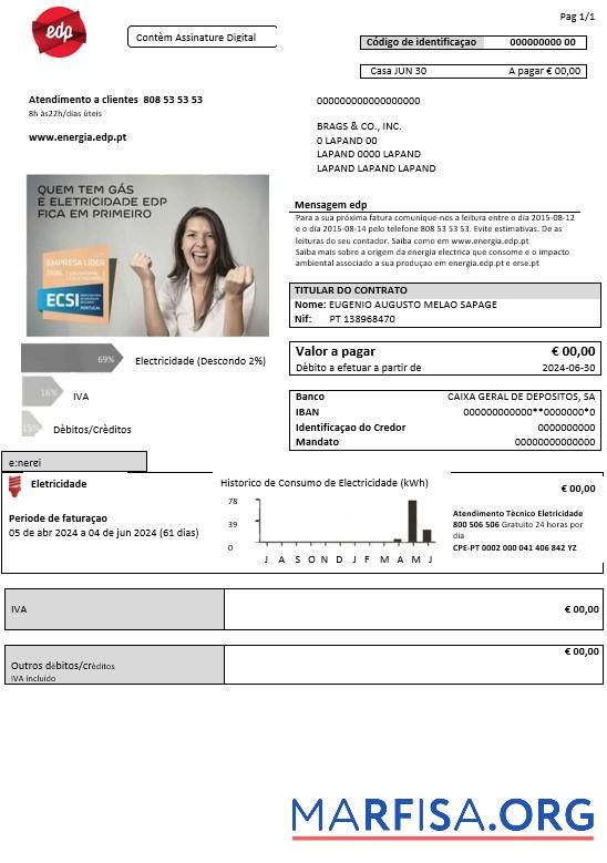 Printable Portugal EDP electricity business utility bill template in Word and PDF formats